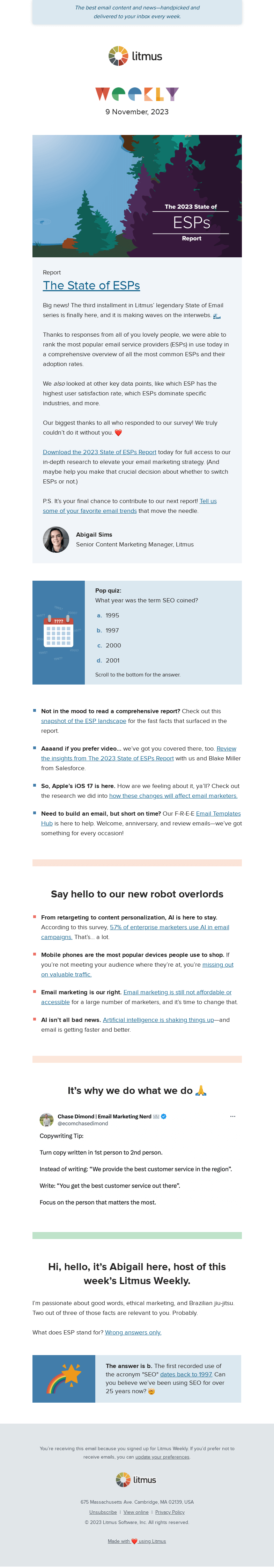 Письмо компании «Litmus» на тему «Meet the coolest kids on the ESP block, check out our shiny new
 template hub, and more»