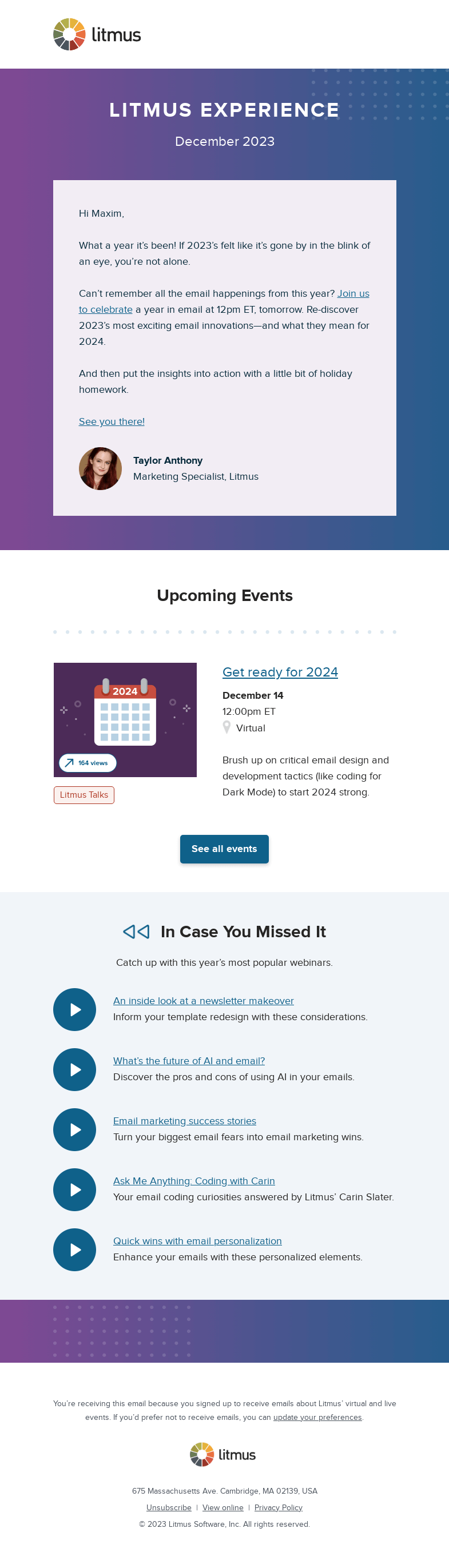 Письмо компании «Litmus» на тему «December’s Litmus Experience is here!»