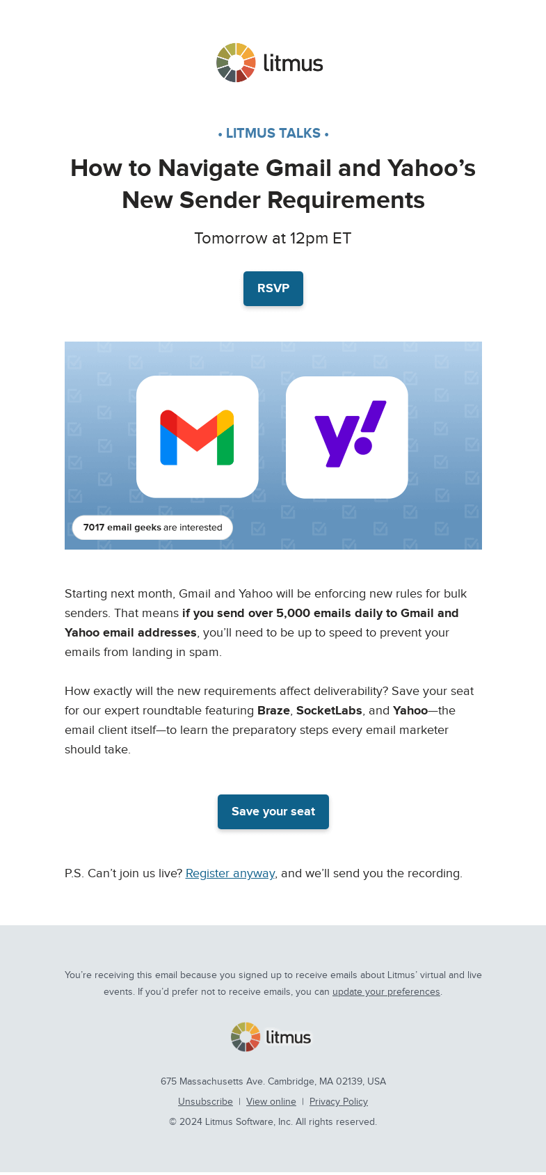 Письмо компании «Litmus» на тему «Are you ready for Gmail and Yahoo’s new sender requirements?»