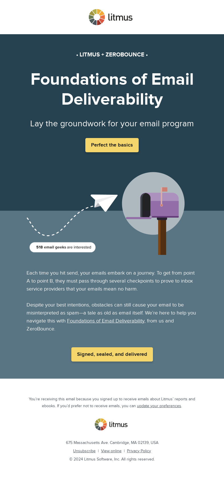 Письмо компании «Litmus» на тему «Back to basics: Foundations of Email Deliverability»