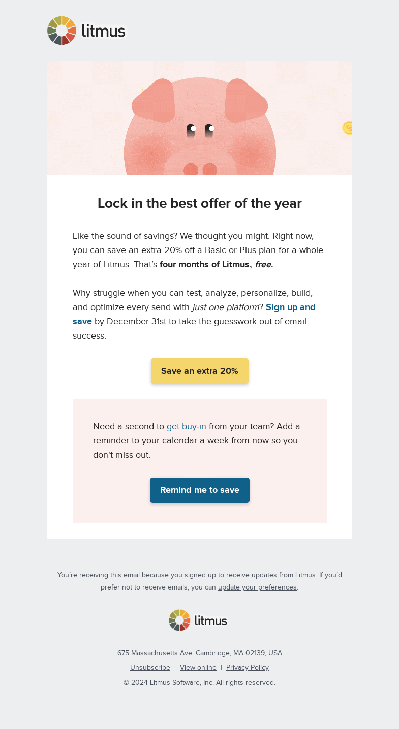 Письмо компании «Litmus» на тему «Expires soon: Get a year of Litmus at an extra 20% off»