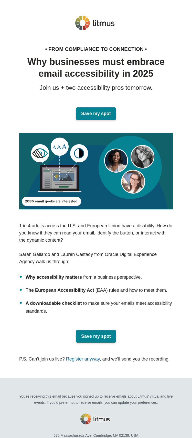 Письмо компании «Litmus» на тему «Why do businesses need to embrace email accessibility in 2025?»