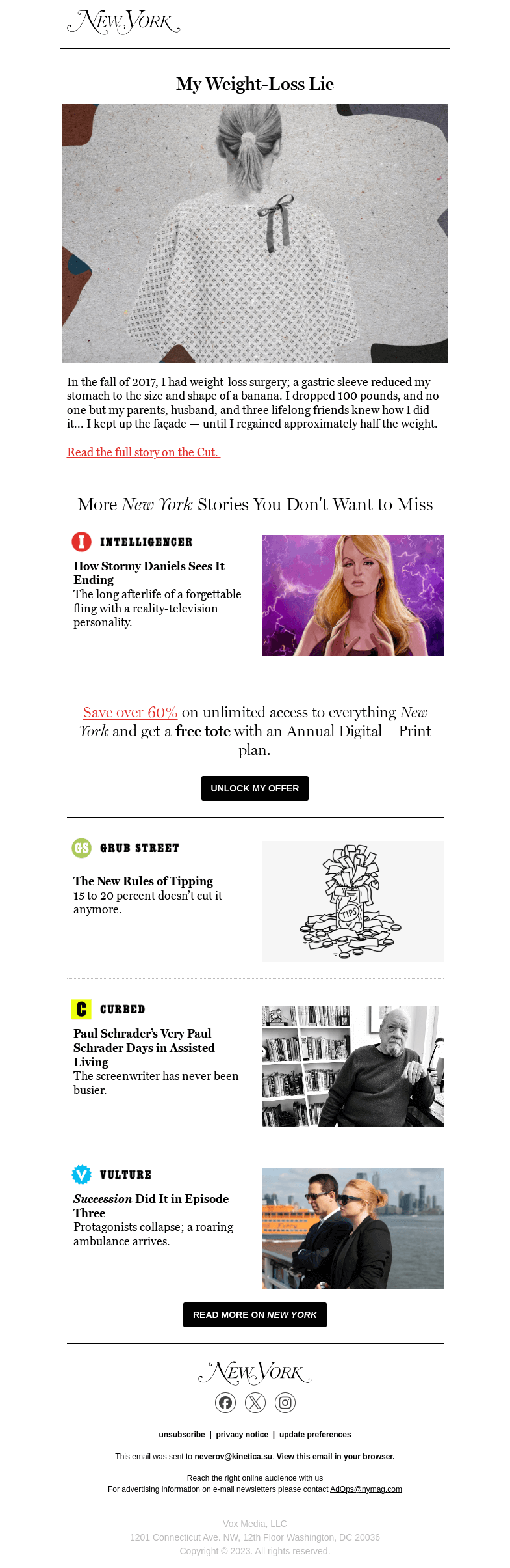 Письмо компании «New York Magazine» на тему «ICYMI: How Stormy Daniels sees it, the weight of lying about weight
 loss, and more»