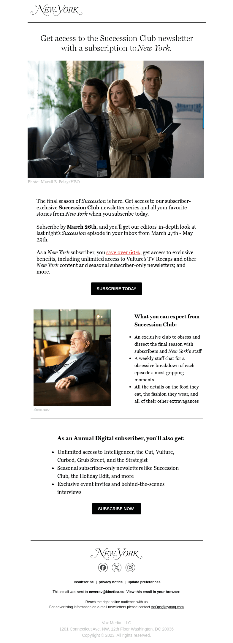 Письмо компании «New York Magazine» на тему «Power, politics, money...The end of the Roy dynasty.»