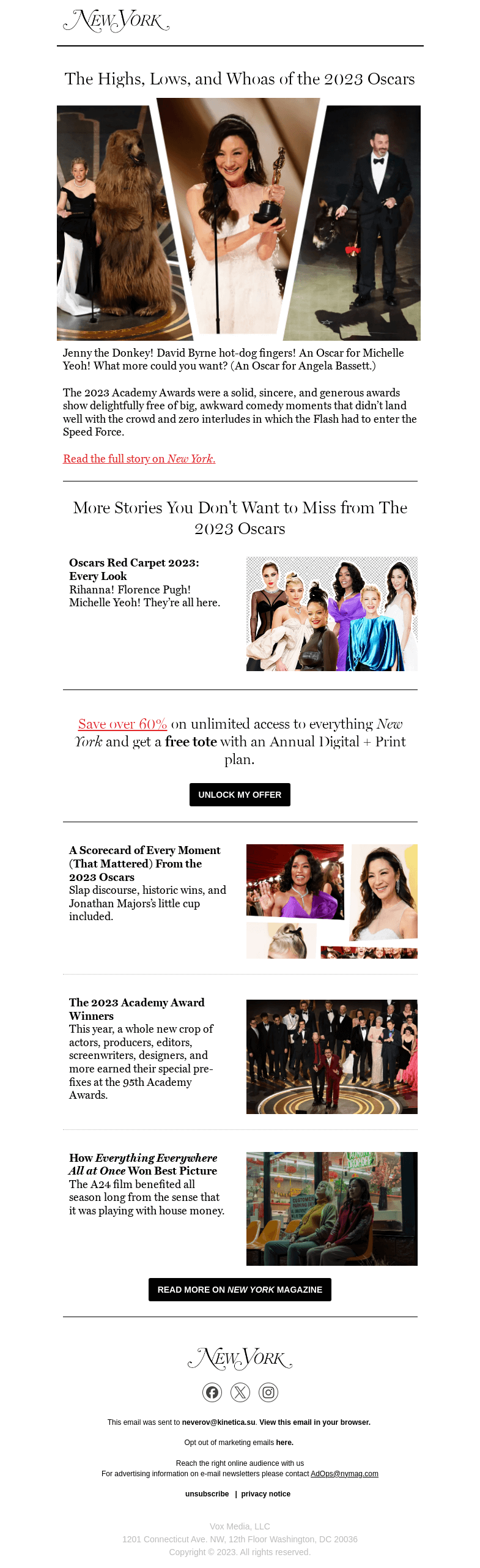 Письмо компании «New York Magazine» на тему «The Highs, Lows, and Whoas of the 2023 Oscars»