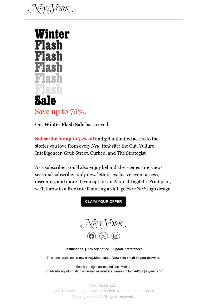 Письмо компании «New York Magazine» на тему «Winter Flash Sale: Save Over 75% on Unlimited Access for 72 Hours
 Only»
