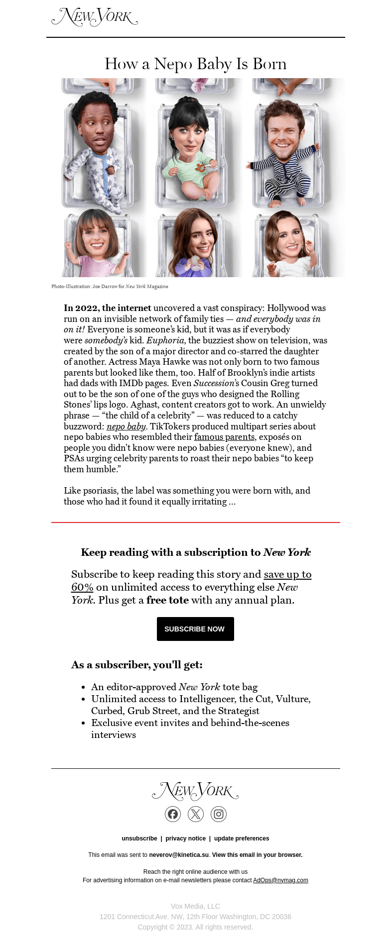 Письмо компании «New York Magazine» на тему «How a Nepo Baby Is Born»