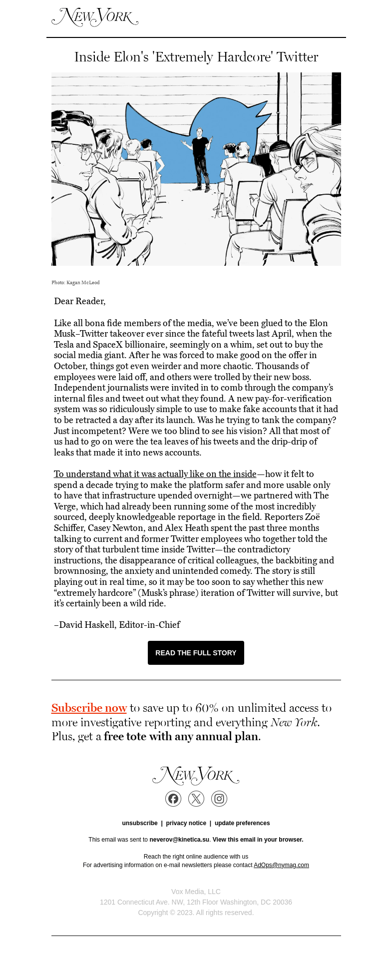 Письмо компании «New York Magazine» на тему «Inside Elon’s ‘Extremely Hardcore’ Twitter»
