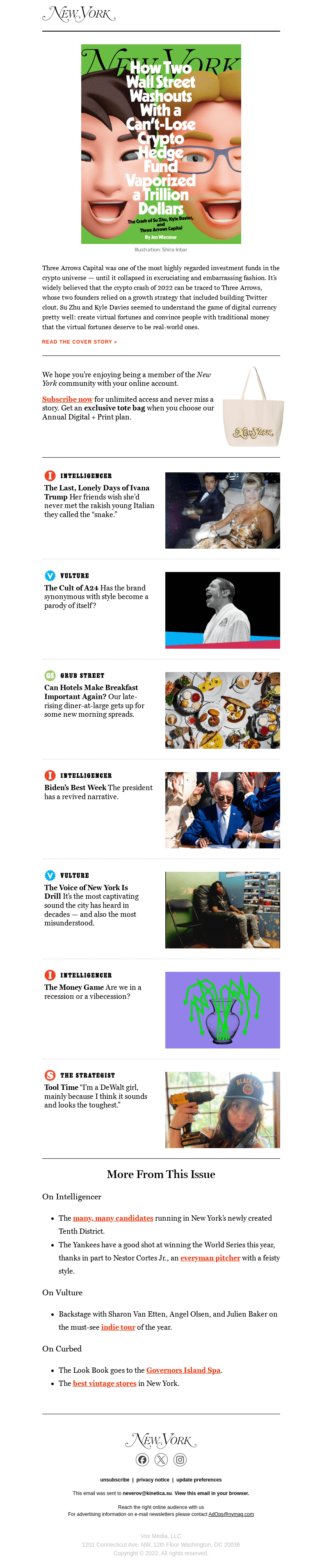 Письмо компании «New York Magazine» на тему «On the Cover: The Crypto Geniuses Who Vaporized a Trillion Dollars»