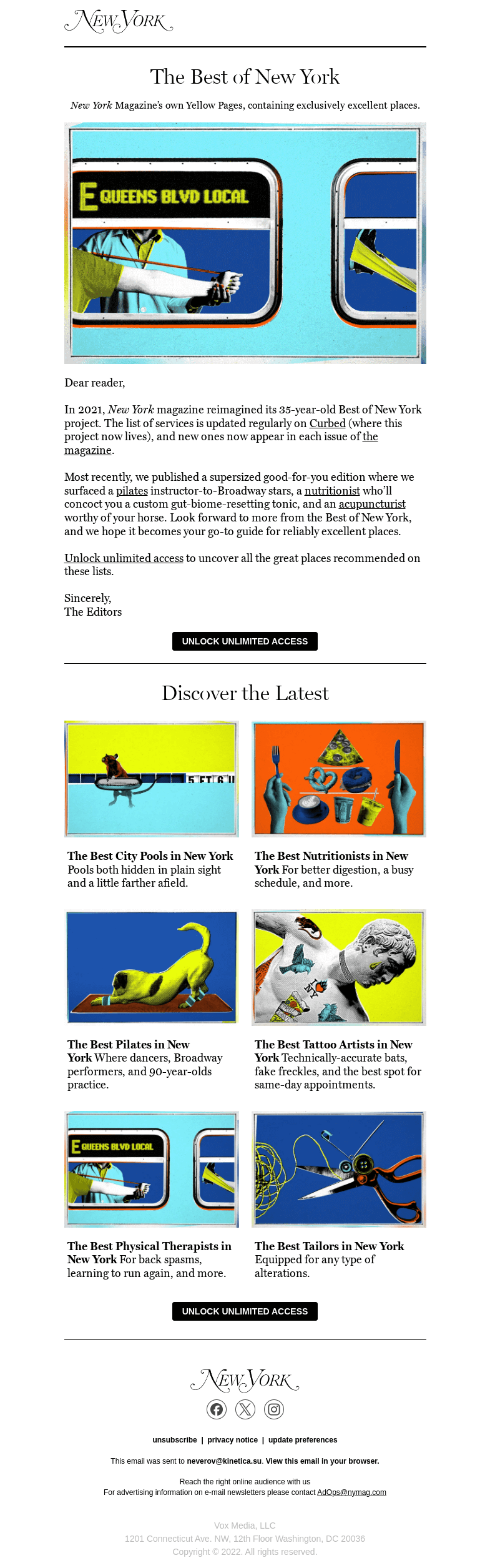 Письмо компании «New York Magazine» на тему «The Best of New York: Nutritionists, Tattoo Artists, Physical
 Therapists, and More»