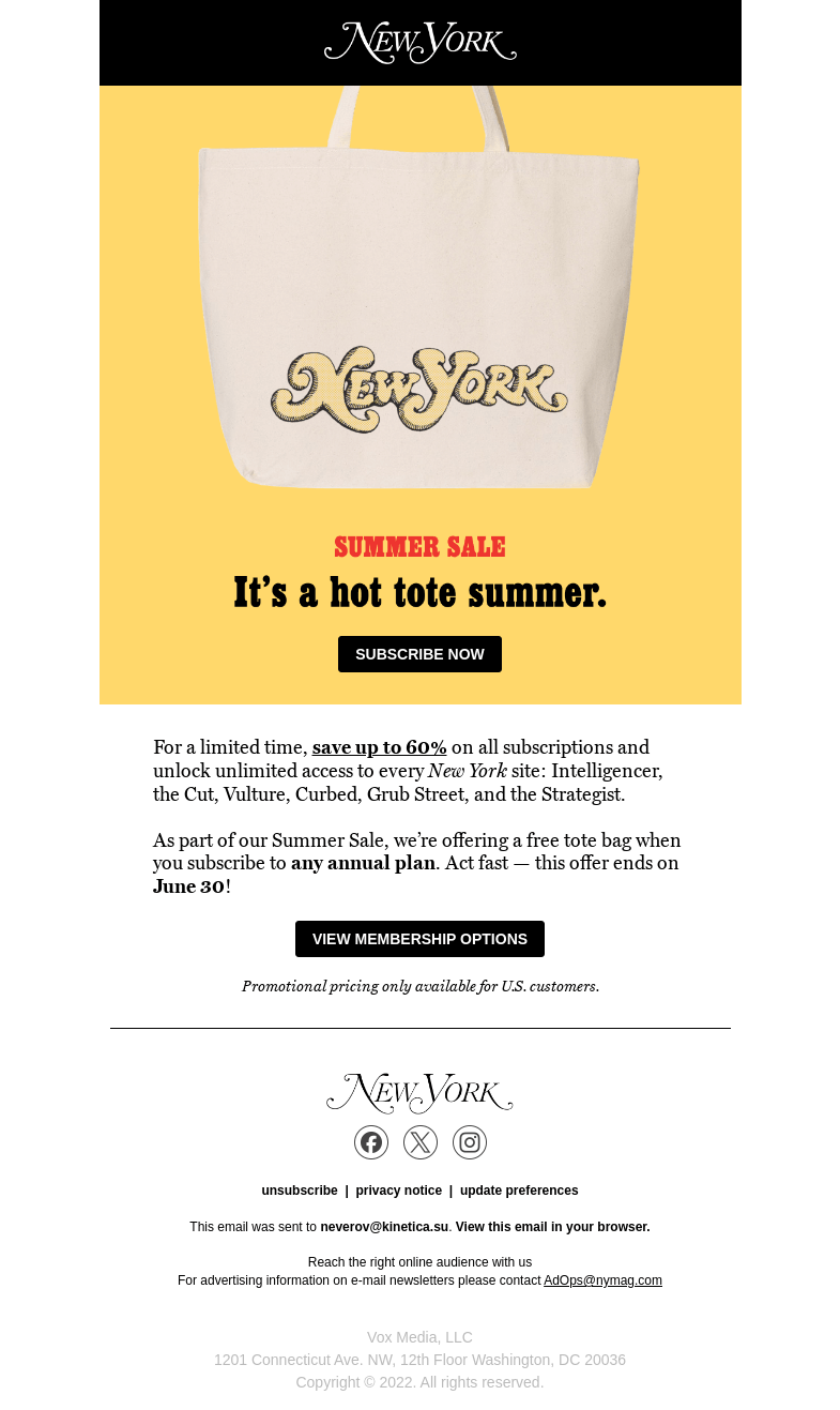 Письмо компании «New York Magazine» на тему «It’s a Hot Tote Summer: Don’t Miss Out on a Sale Exclusive»