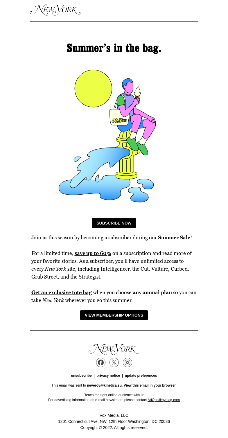 Письмо компании «New York Magazine» на тему «Summer's in the bag: 60% off everything New York Magazine»