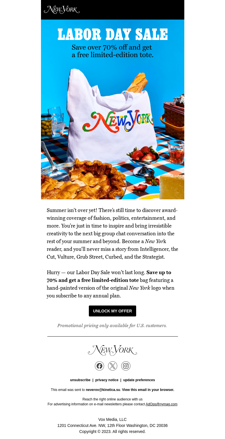 Письмо компании «New York Magazine» на тему «Labor Day Sale is here: Save over 70% on unlimited access»