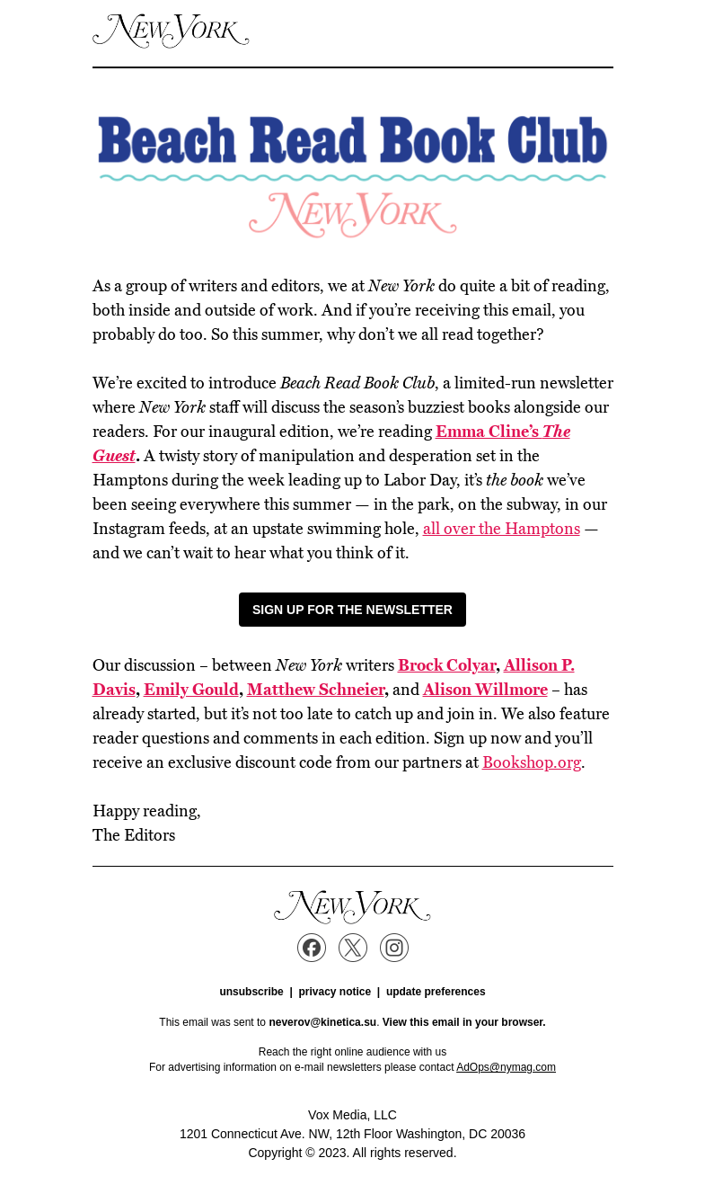 Письмо компании «New York Magazine» на тему «Dive Into the Book of the Summer With Us»