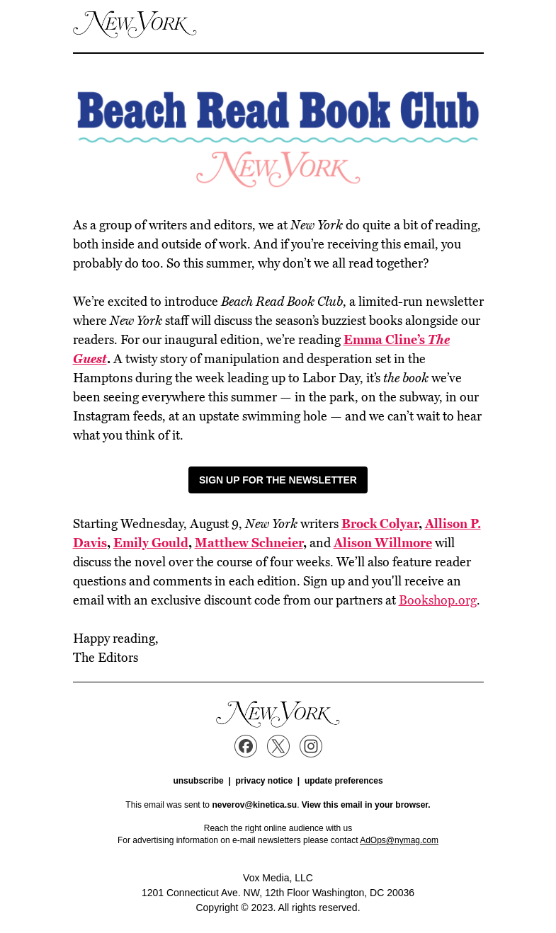 Письмо компании «New York Magazine» на тему «Introducing the New York Beach Read Book Club»