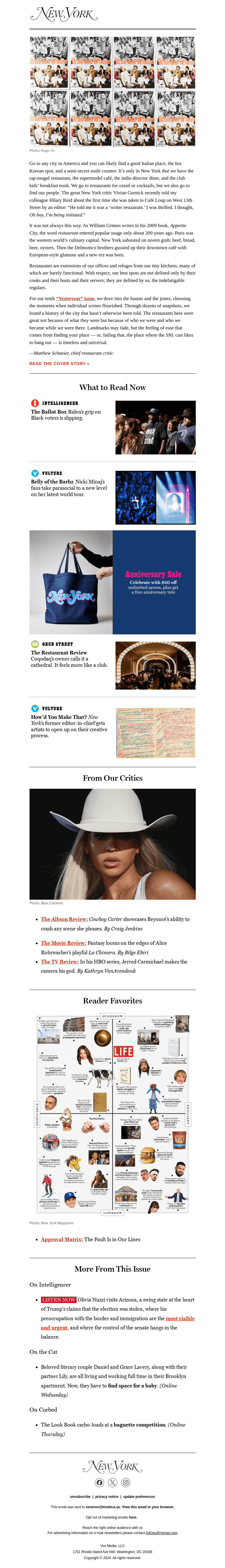 Письмо компании «New York Magazine» на тему «On the Cover: The Restaurants That Defined New York»