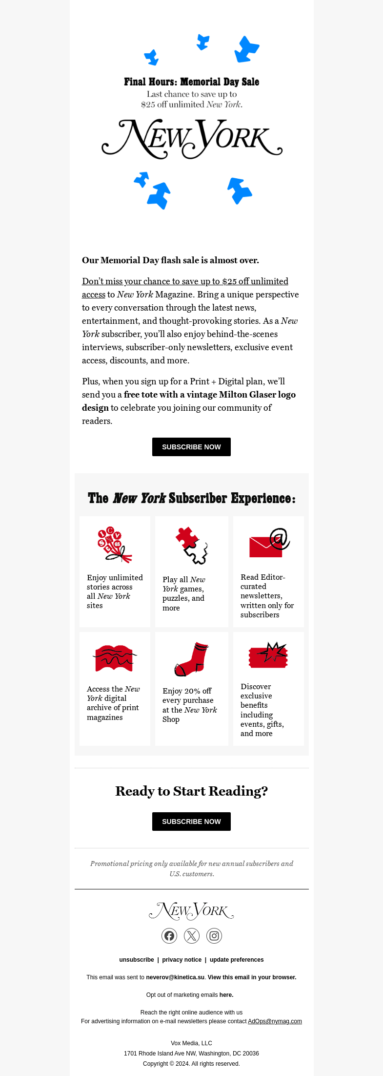 Письмо компании «New York Magazine» на тему «24 Hours Left for $25 Off»