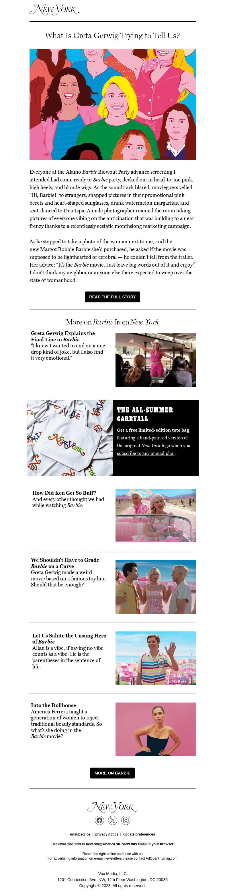 Письмо компании «New York Magazine» на тему «What is Greta Gerwig Trying to Tell Us in ‘Barbie’?»