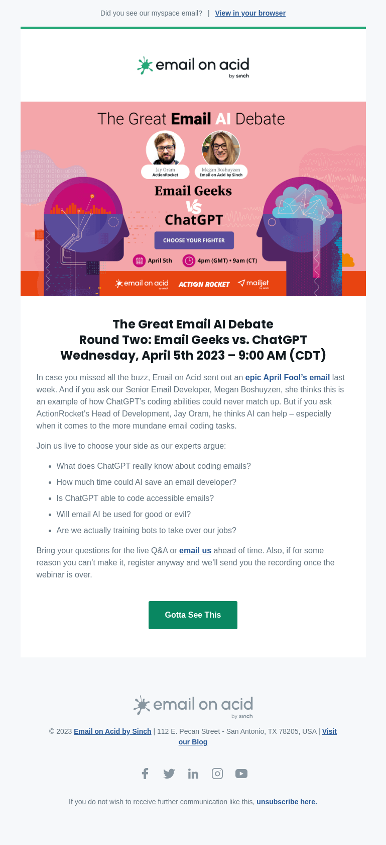 Письмо компании «Email on Acid» на тему «ChatGPT could never»