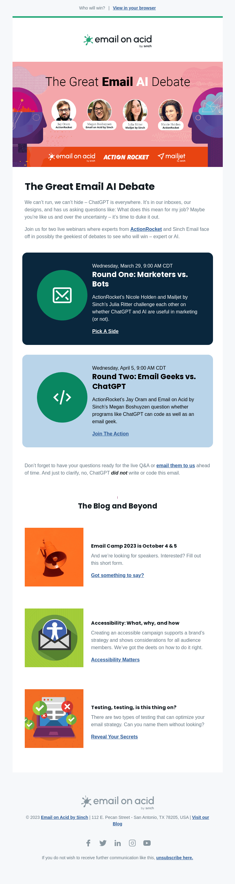 Письмо компании «Email on Acid» на тему «Choose your fighter: ChatGPT or Email Geek»