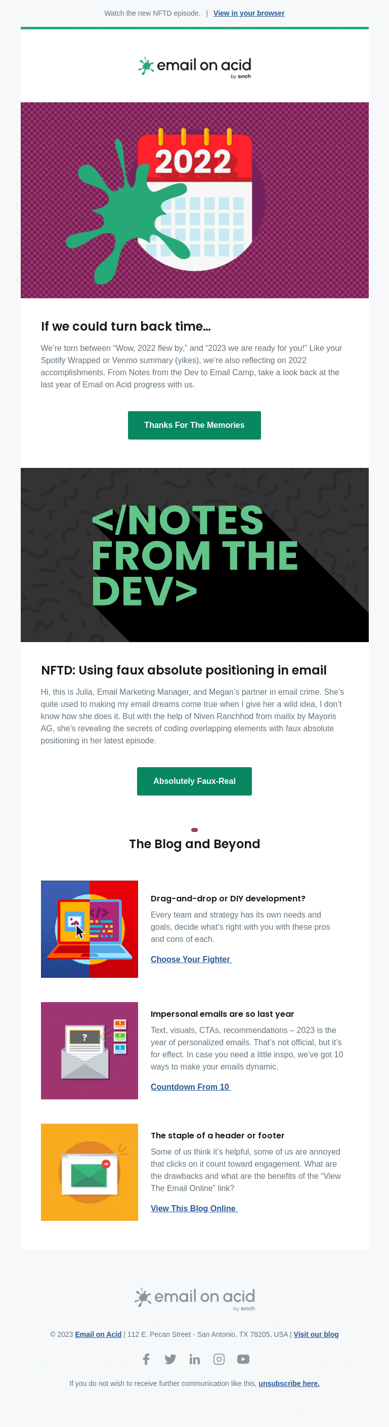 Письмо компании «Email on Acid» на тему «Email devs make email dreams come true»