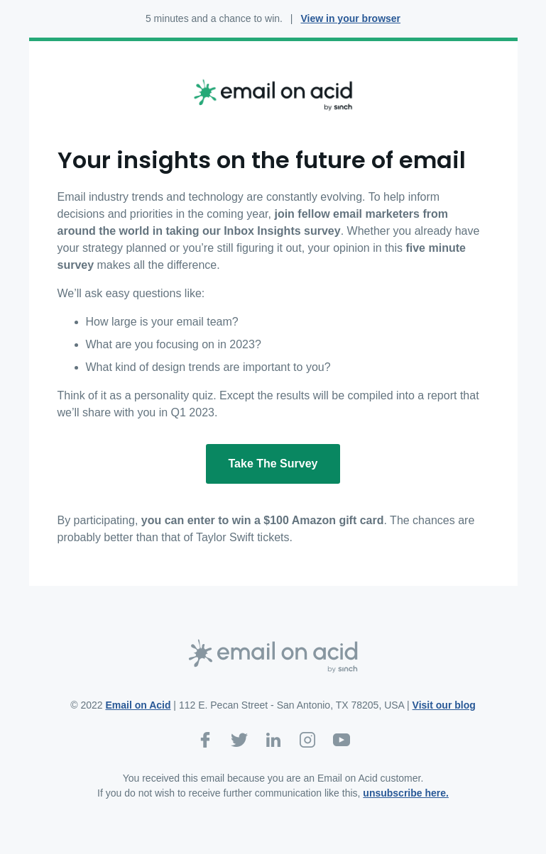 Письмо компании «Email on Acid» на тему «Help shape 2023 email priorities»