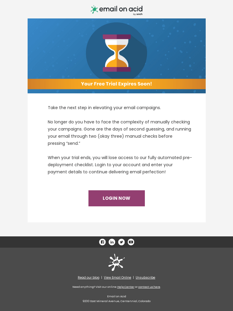Письмо компании «Email on Acid» на тему «Your trial ends soon»