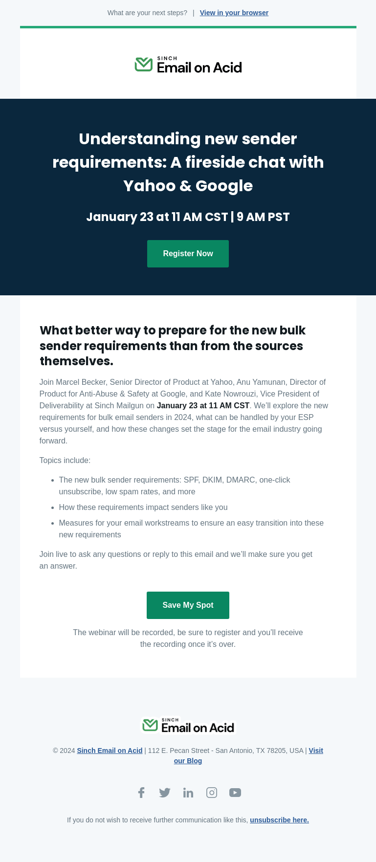 Письмо компании «Email on Acid» на тему «January 23: Google and Yahoo experts join us live»