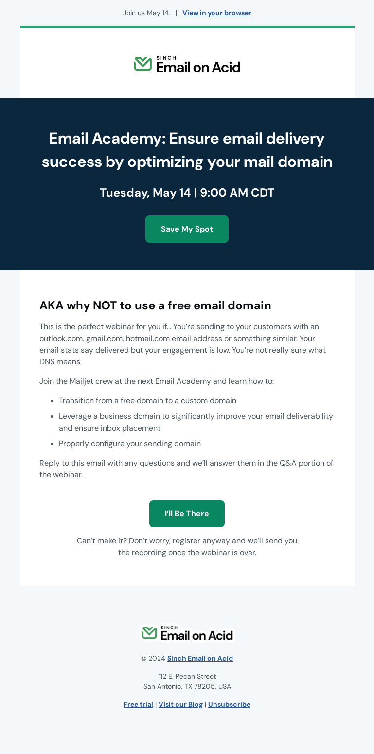 Письмо компании «Email on Acid» на тему «Email Academy: Optimize your domain for delivery success»