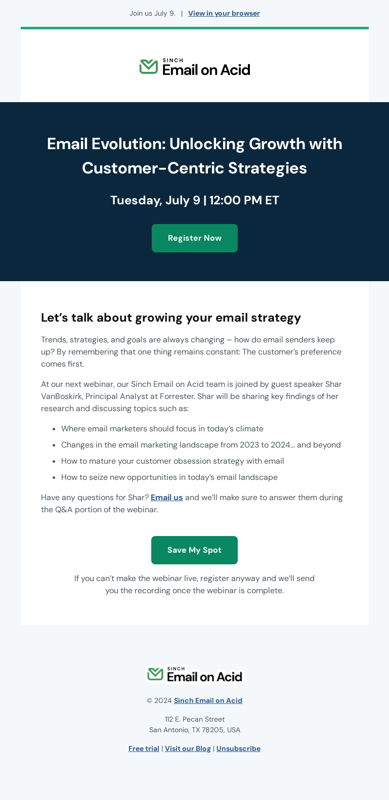 Письмо компании «Email on Acid» на тему «Webinar: Where should email senders focus?»
