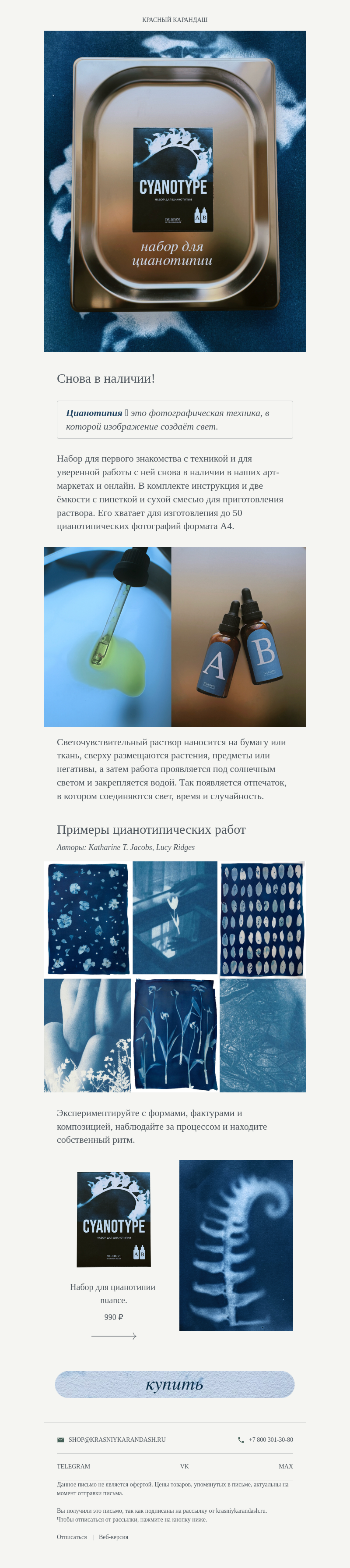 Письмо компании «Красный Карандаш» на тему «Снова в наличии: Набор для цианотипии 💙»