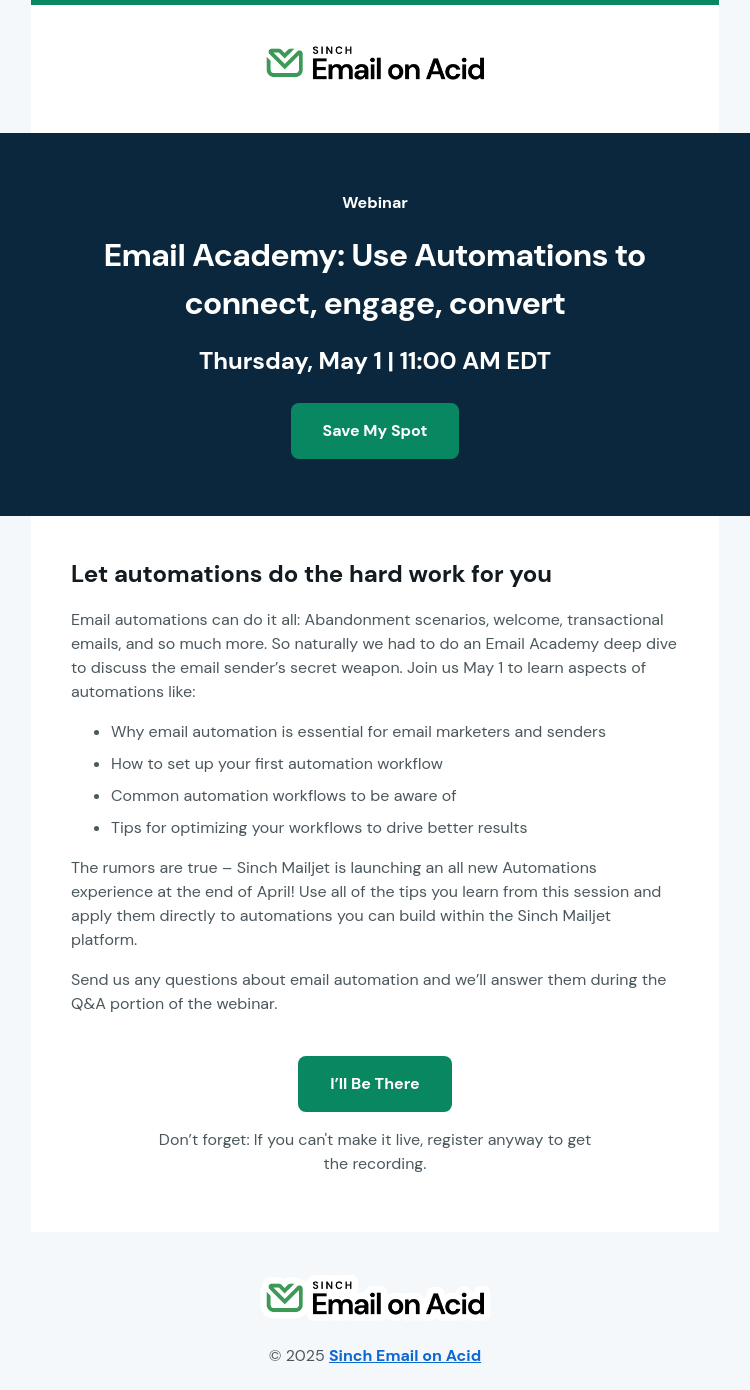 Письмо компании «Email on Acid» на тему «May 1: We’re talking email automations»