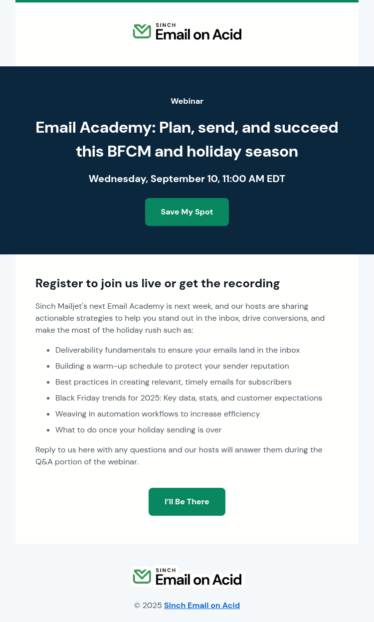 Письмо компании «Email on Acid» на тему «Holiday prep step 1: Register for Email Academy»