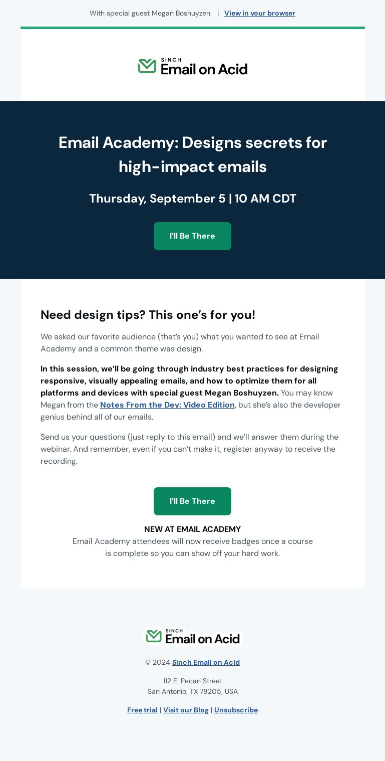 Письмо компании «Email on Acid» на тему «Email Academy: September 5 at 10 AM CDT»