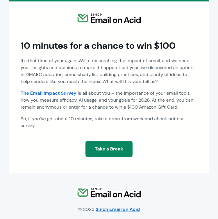 Письмо компании «Email on Acid» на тему «Take a break, take this survey»
