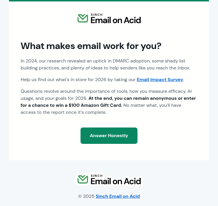 Письмо компании «Email on Acid» на тему «10 minutes for a chance to win a $100 gift card»