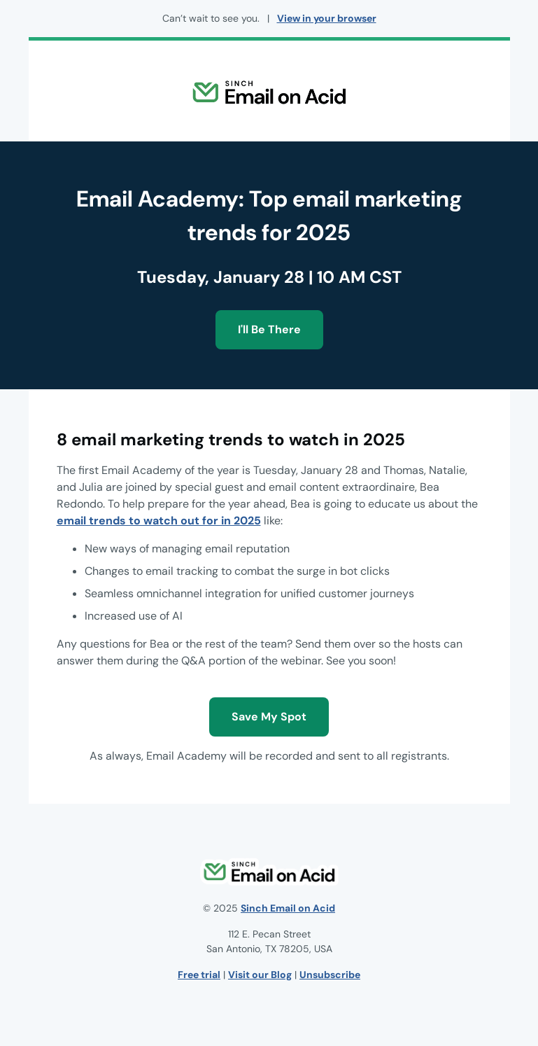 Письмо компании «Email on Acid» на тему «Email Academy: Top email marketing trends for 2025»