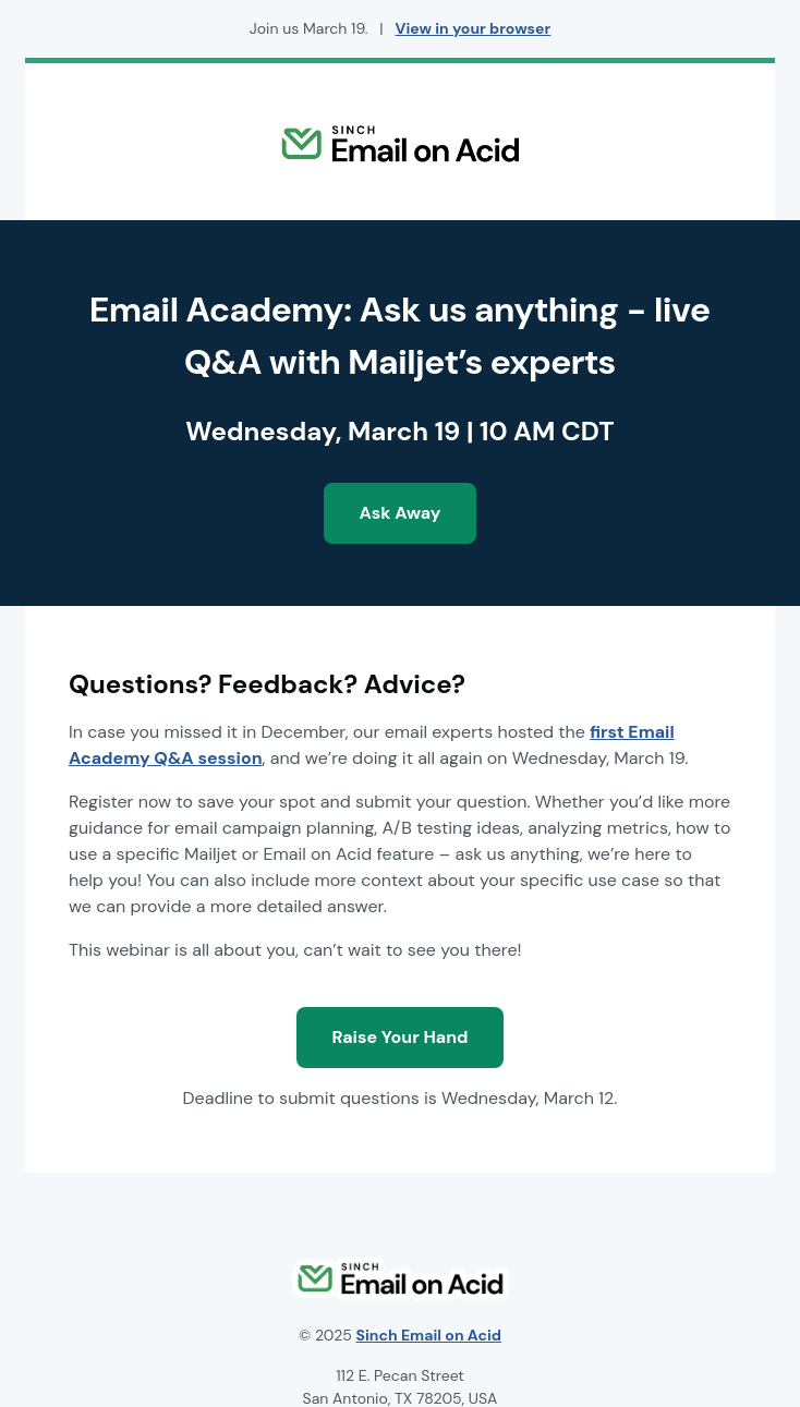 Письмо компании «Email on Acid» на тему «Register for Email Academy: Ask us anything»
