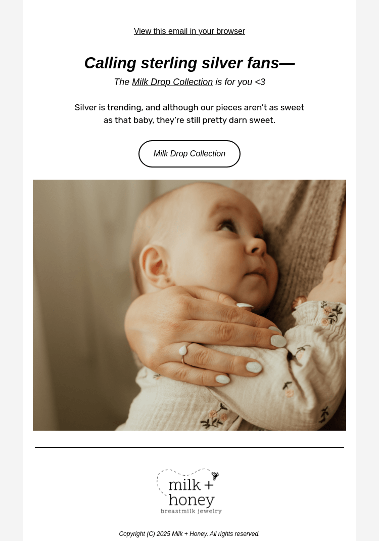 Письмо компании «Milk + Honey Jewelry» на тему «NEW breastmilk jewelry collection 🤩»