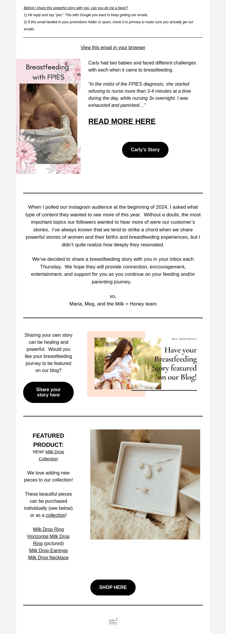 Письмо компании «Milk + Honey Jewelry» на тему «Breastfeeding a baby with FPIES»