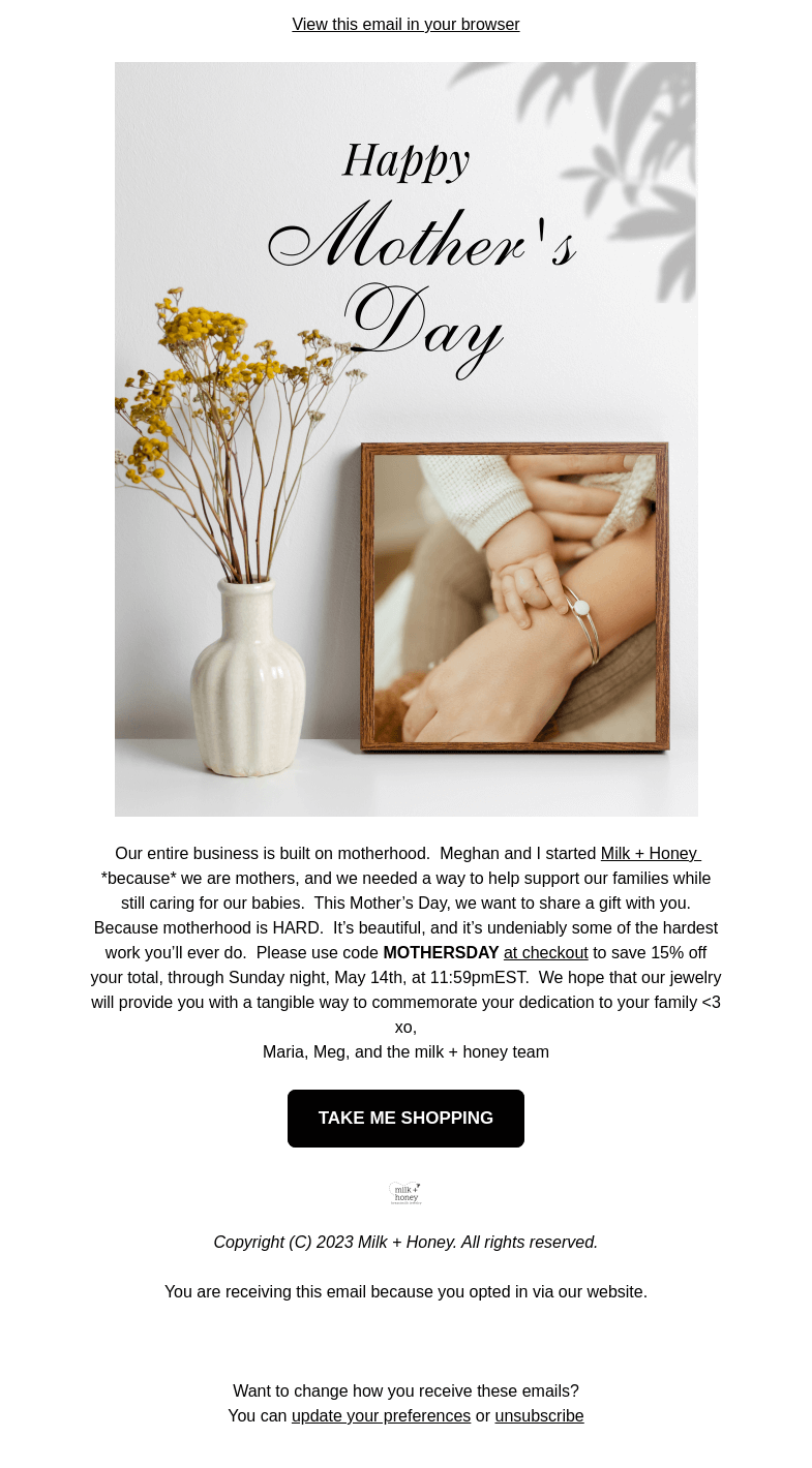 Письмо компании «Milk + Honey Jewelry» на тему «Our gift to mothers <3»