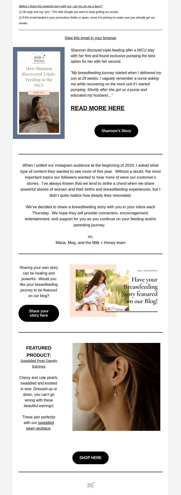 Письмо компании «Milk + Honey Jewelry» на тему «Breastfeeding a premature baby»
