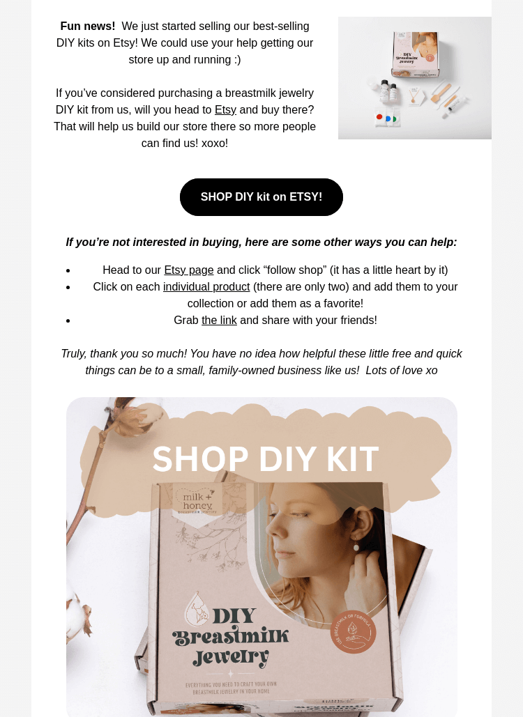Письмо компании «Milk + Honey Jewelry» на тему «Milk + Honey needs your help! 🙏»