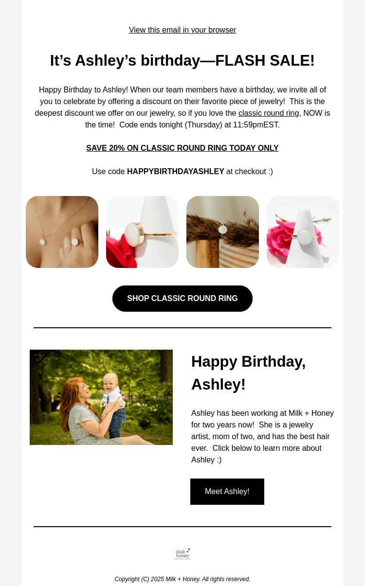 Письмо компании «Milk + Honey Jewelry» на тему «FLASH SALE 👀»