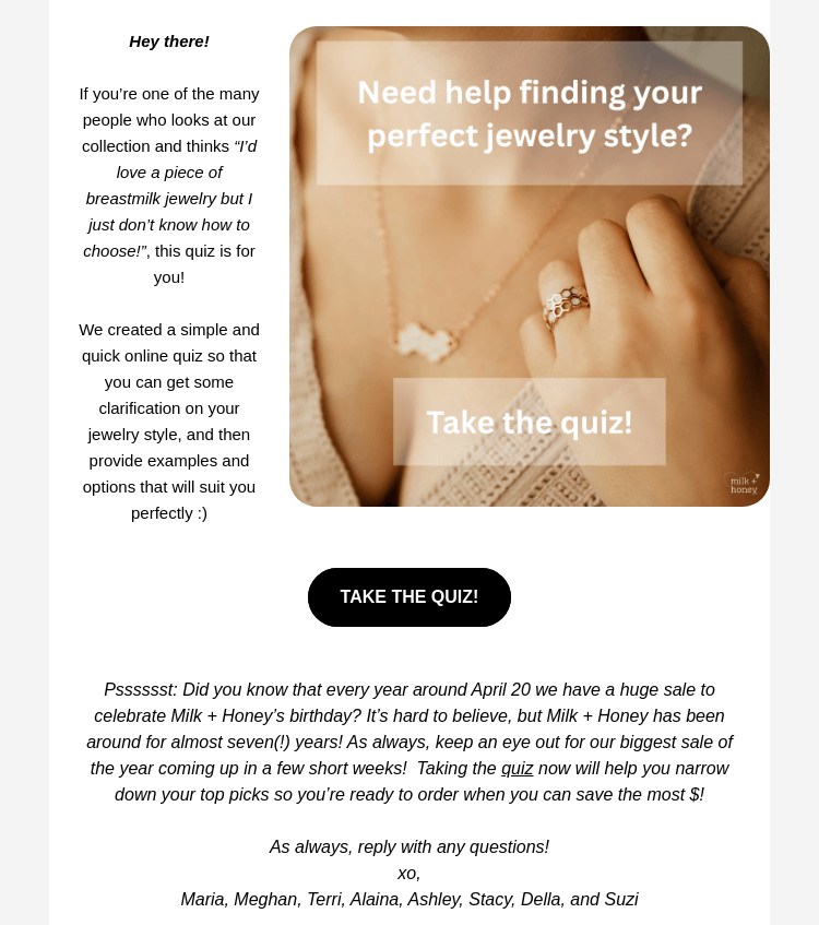 Письмо компании «Milk + Honey Jewelry» на тему «What's your style? Take our quiz! 🤩»