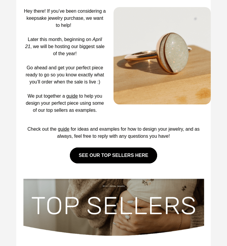 Письмо компании «Milk + Honey Jewelry» на тему «Create your perfect piece 🤩»