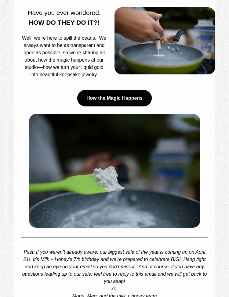 Письмо компании «Milk + Honey Jewelry» на тему «Preserving Breastmilk: How we do it 🤩»