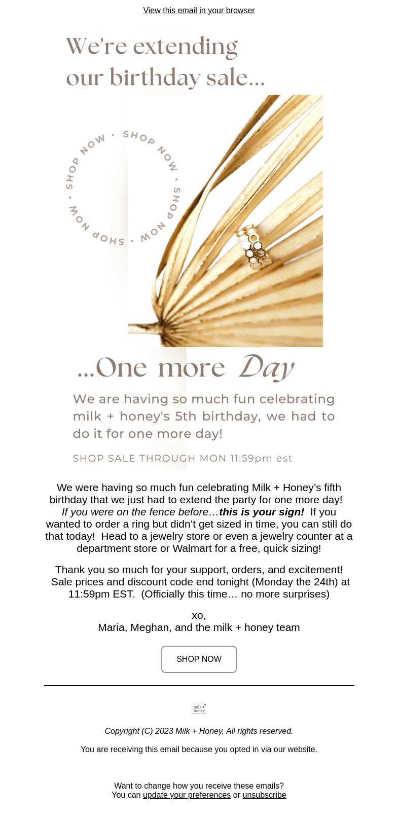 Письмо компании «Milk + Honey Jewelry» на тему «Surprise... Everything is on sale for one more day!»