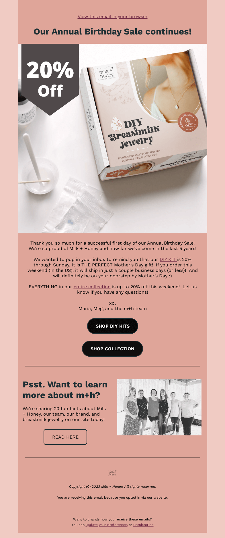 Письмо компании «Milk + Honey Jewelry» на тему «The PERFECT Mother's Day Gift-20% OFF»