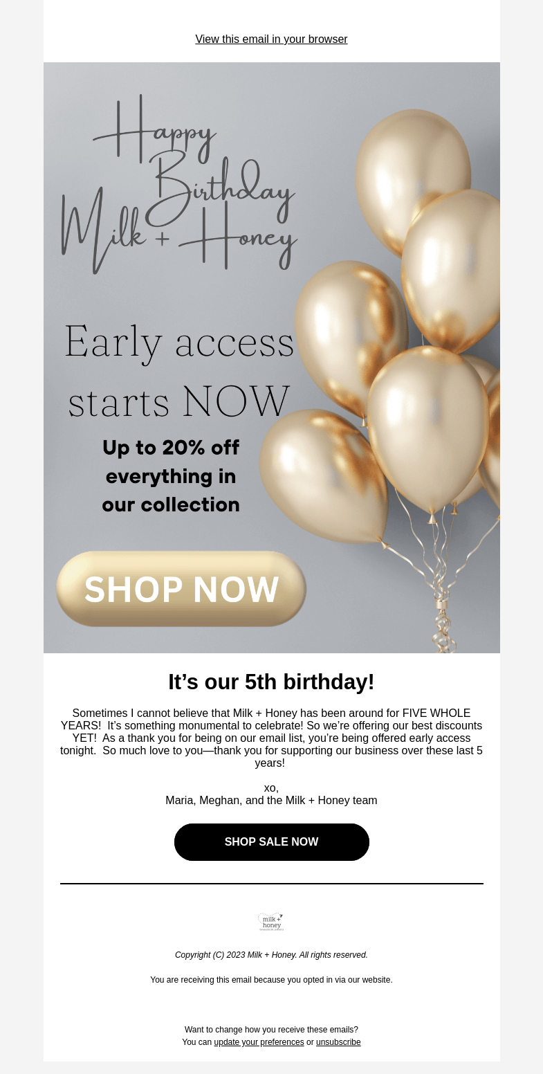 Письмо компании «Milk + Honey Jewelry» на тему «Early access to our biggest sale yet STARTING NOW»